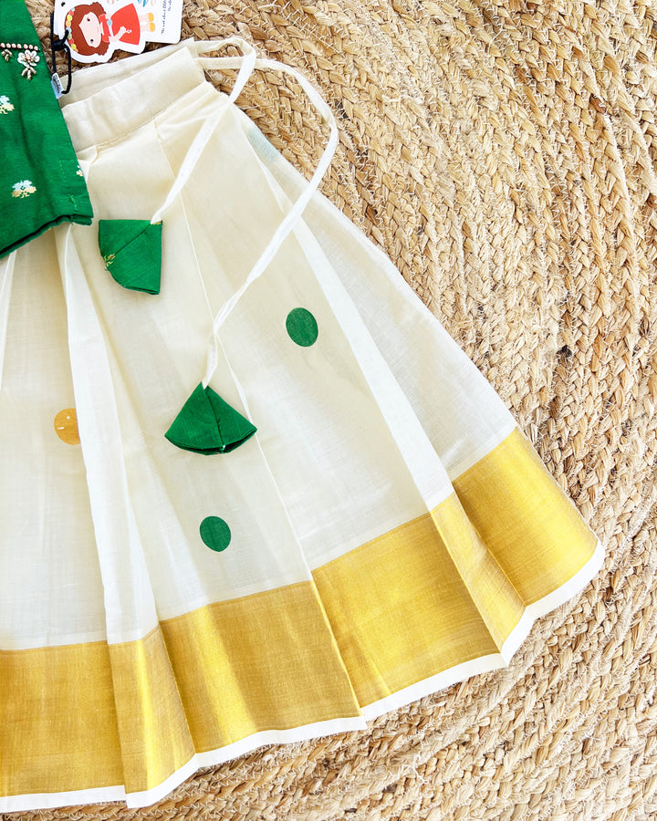 Cream Green Kerala Kasavu Lehenga Choli for Girls – Traditional Handwork Ethnic Wear by Stanwells Kids