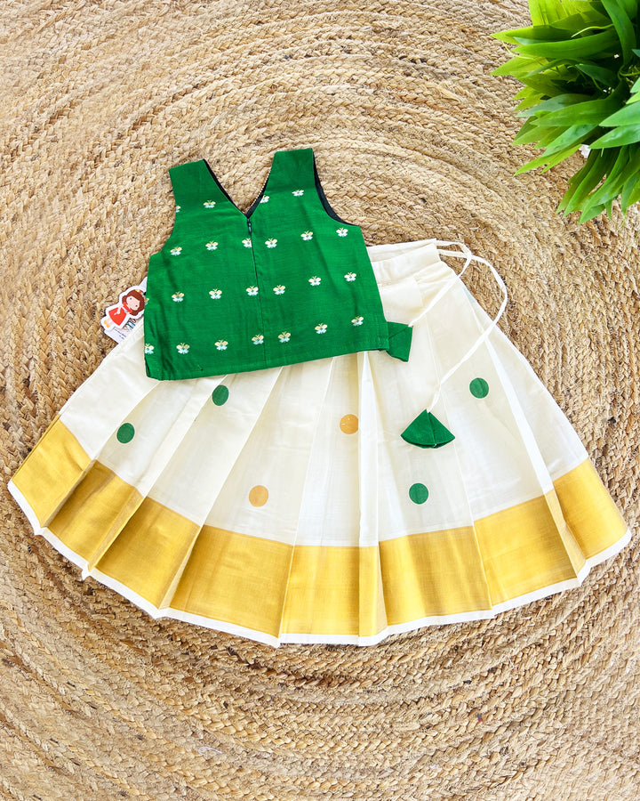 Cream Green Kerala Kasavu Lehenga Choli for Girls – Traditional Handwork Ethnic Wear by Stanwells Kids
