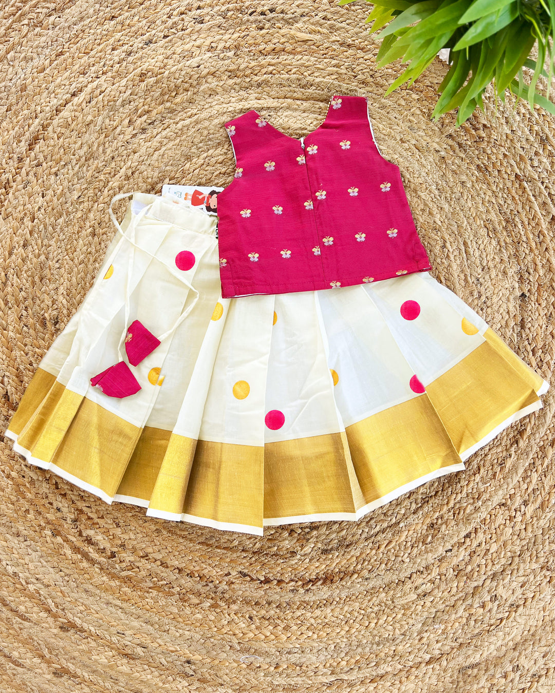 Cream Magenta Kerala Kasavu Lehenga Choli – Traditional Handwork Partywear by Stanwells Kids