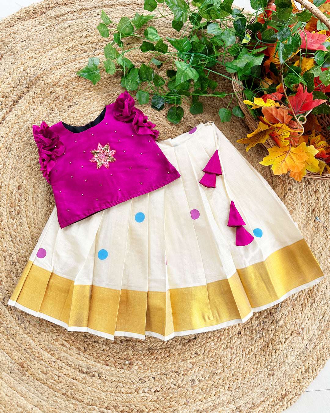 Cream magenta Kerala kasavu applique lehenga choli baby girl birthday dress Onam outfit traditional festive kids lehenga