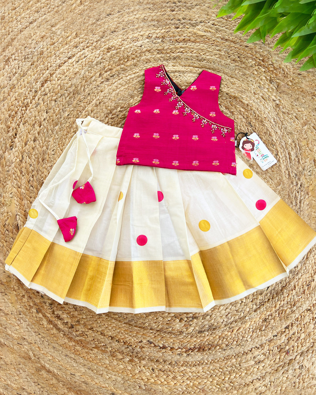 Cream Magenta Kerala Kasavu Lehenga Choli – Traditional Handwork Partywear by Stanwells Kids