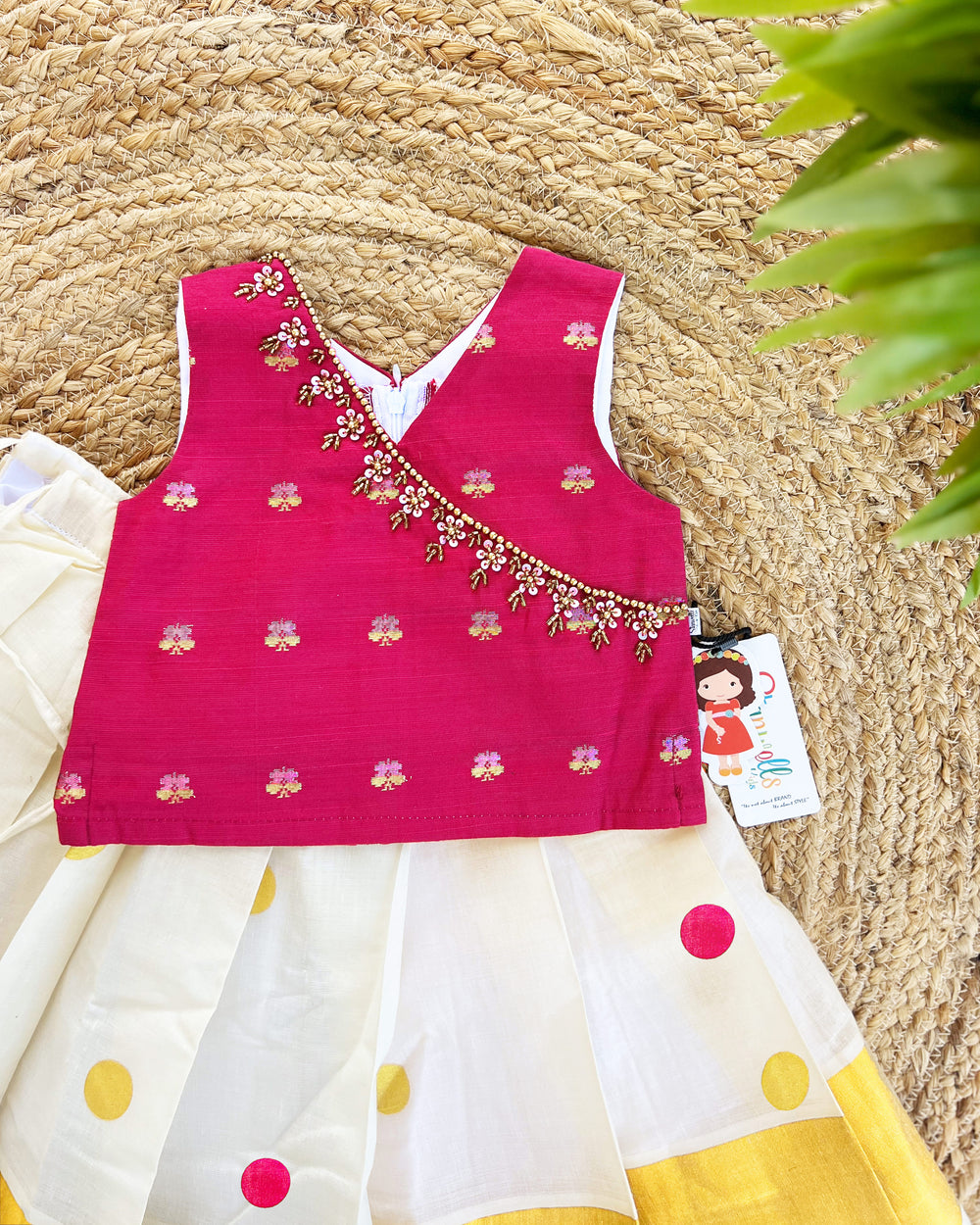 Cream Magenta Kerala Kasavu Lehenga Choli – Traditional Handwork Partywear by Stanwells Kids