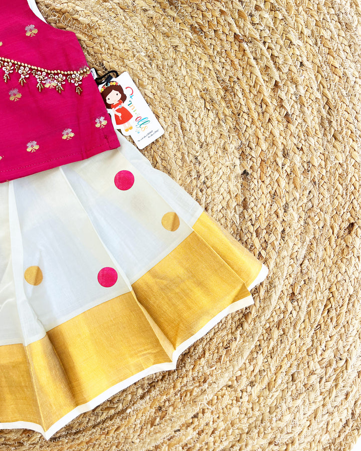 Cream Magenta Kerala Kasavu Lehenga Choli – Traditional Handwork Partywear by Stanwells Kids