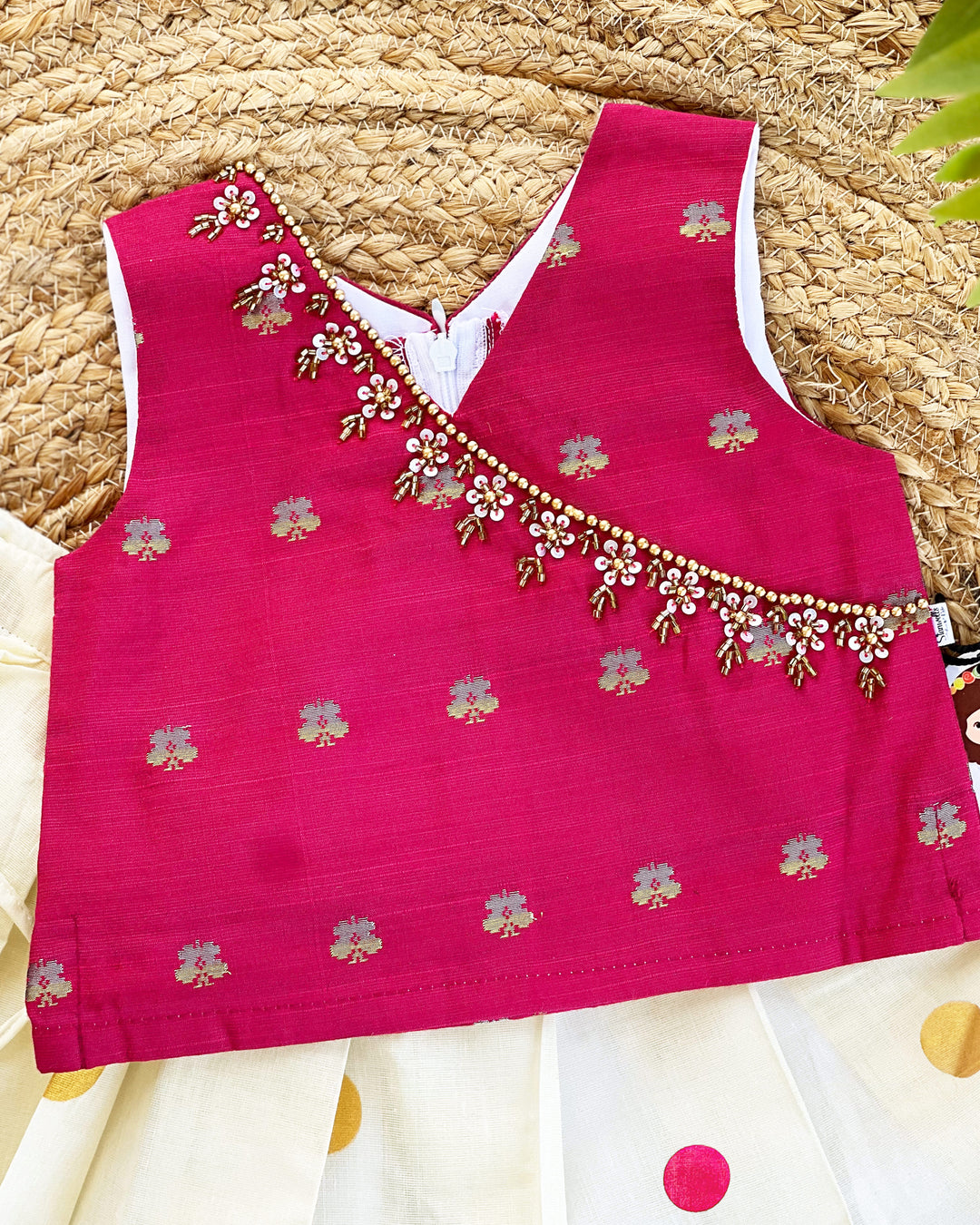 Cream Magenta Kerala Kasavu Lehenga Choli – Traditional Handwork Partywear by Stanwells Kids