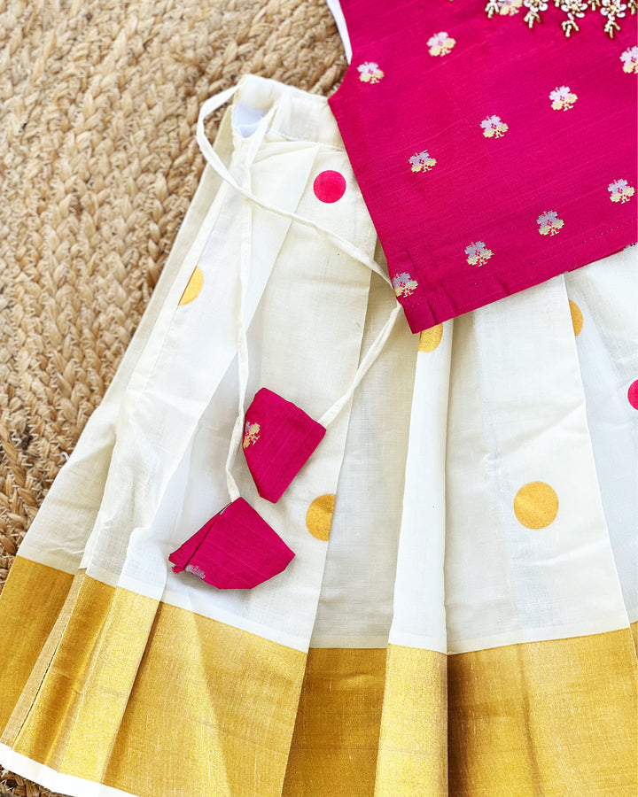Cream Magenta Kerala Kasavu Lehenga Choli – Traditional Handwork Partywear by Stanwells Kids