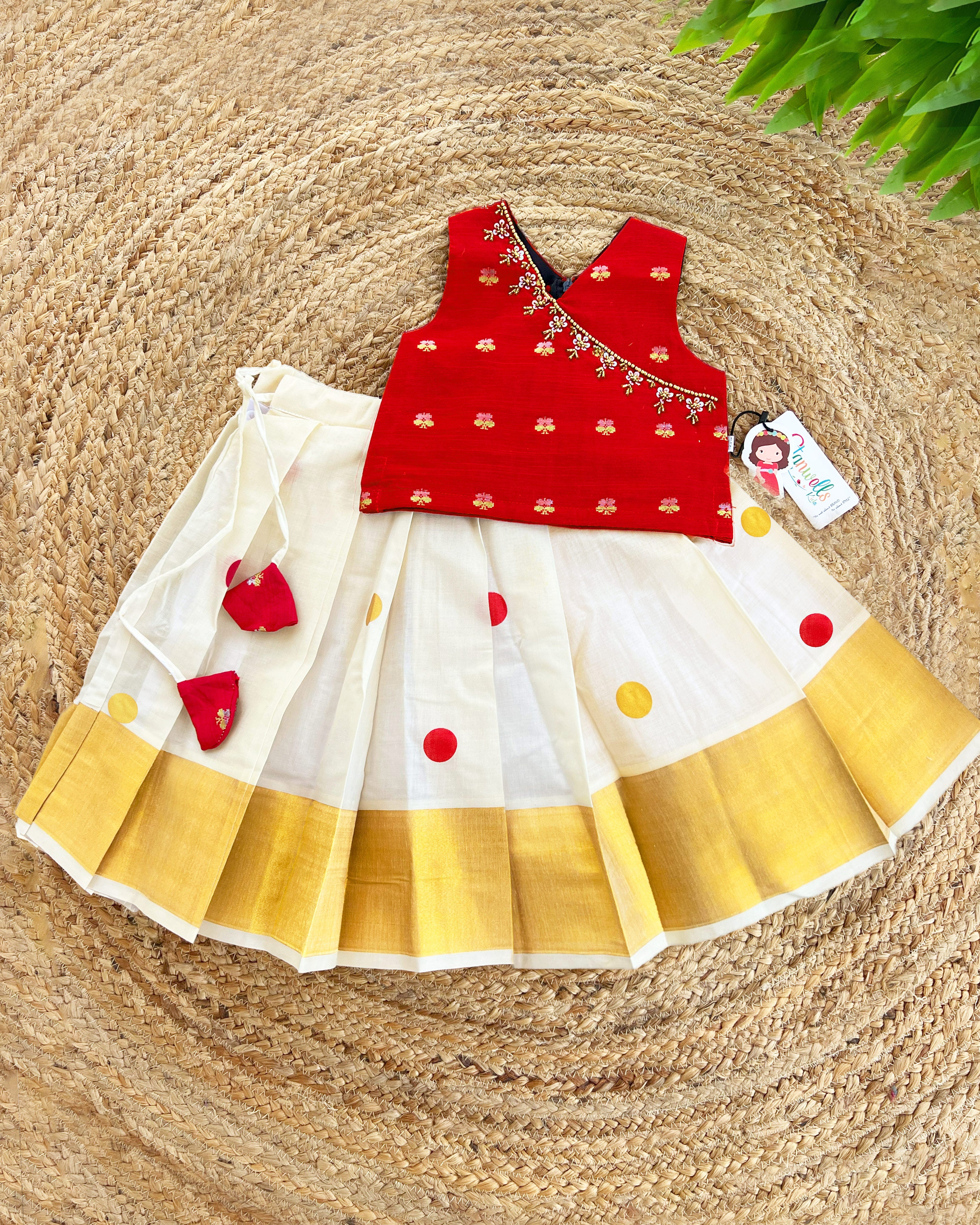 Cream Maroon Kasavu Lehenga – Kerala Handwork Outfit – Stanwells Kids