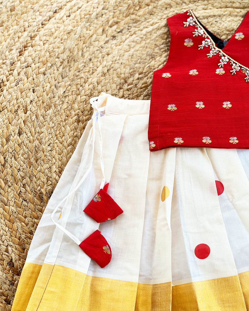 Cream and Maroon Kerala Kasavu Lehenga Choli – Traditional Handwork Partywear by Stanwells Kids
