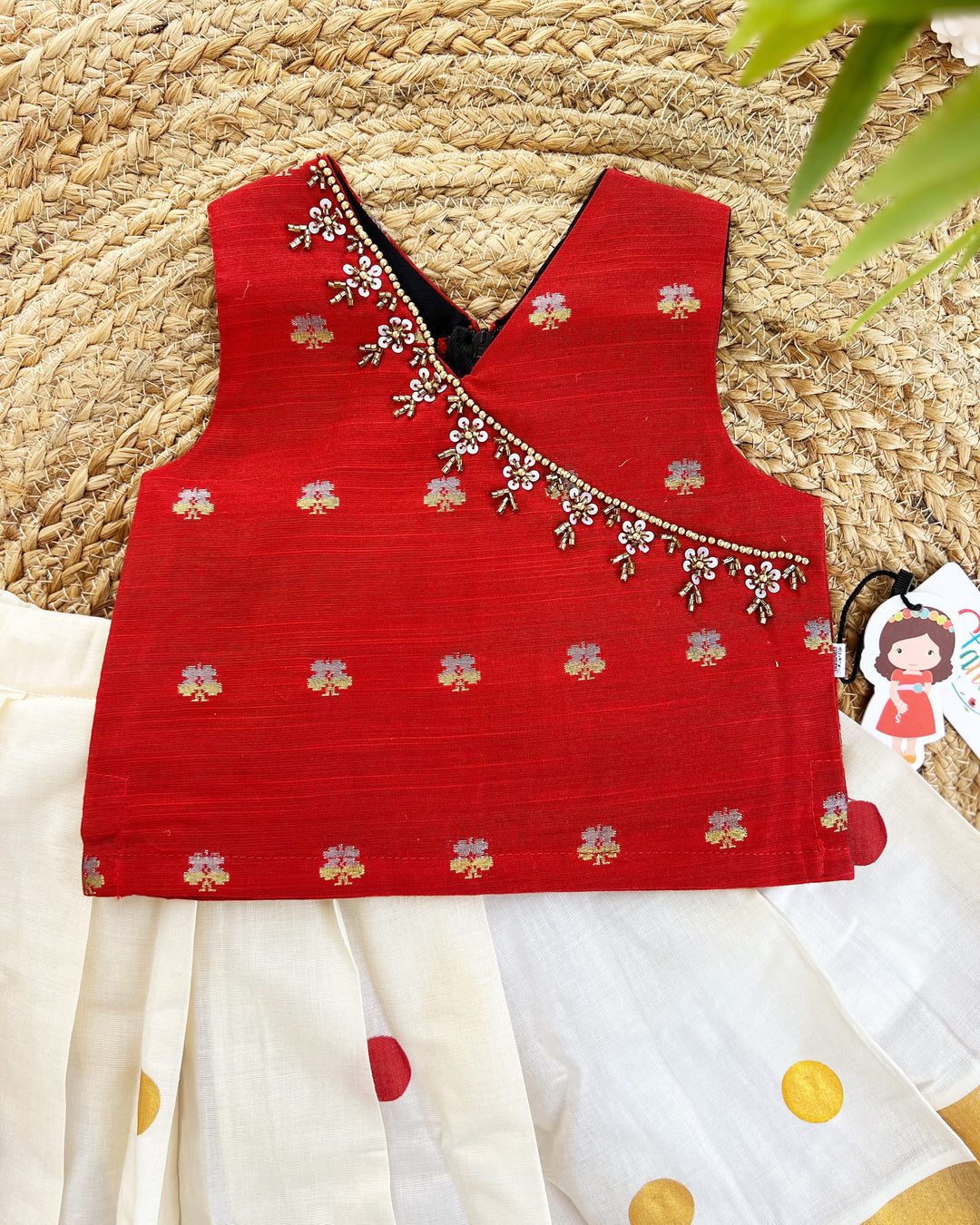 Cream and Maroon Kerala Kasavu Lehenga Choli – Traditional Handwork Partywear by Stanwells Kids