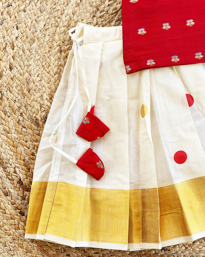 Cream and Maroon Kerala Kasavu Lehenga Choli – Traditional Handwork Partywear by Stanwells Kids