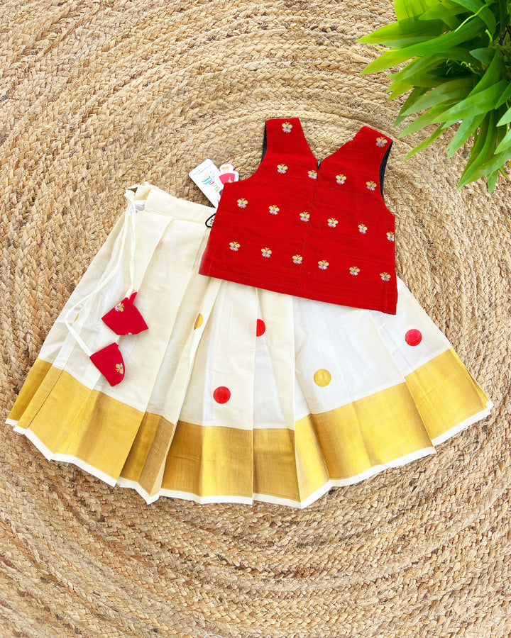 Cream and Maroon Kerala Kasavu Lehenga Choli – Traditional Handwork Partywear by Stanwells Kids