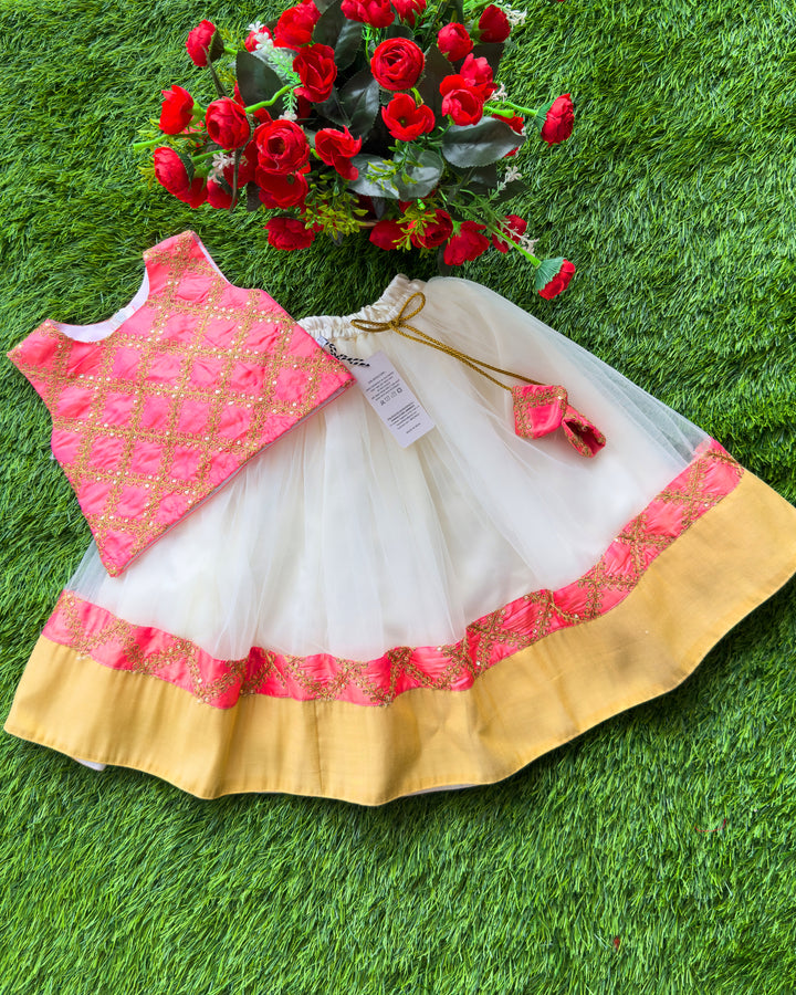 Cream peach lehenga choli for baby girls, sequin embroidered ethnic birthday dress, baby girls festive lehenga choli, kids traditional partywear dress