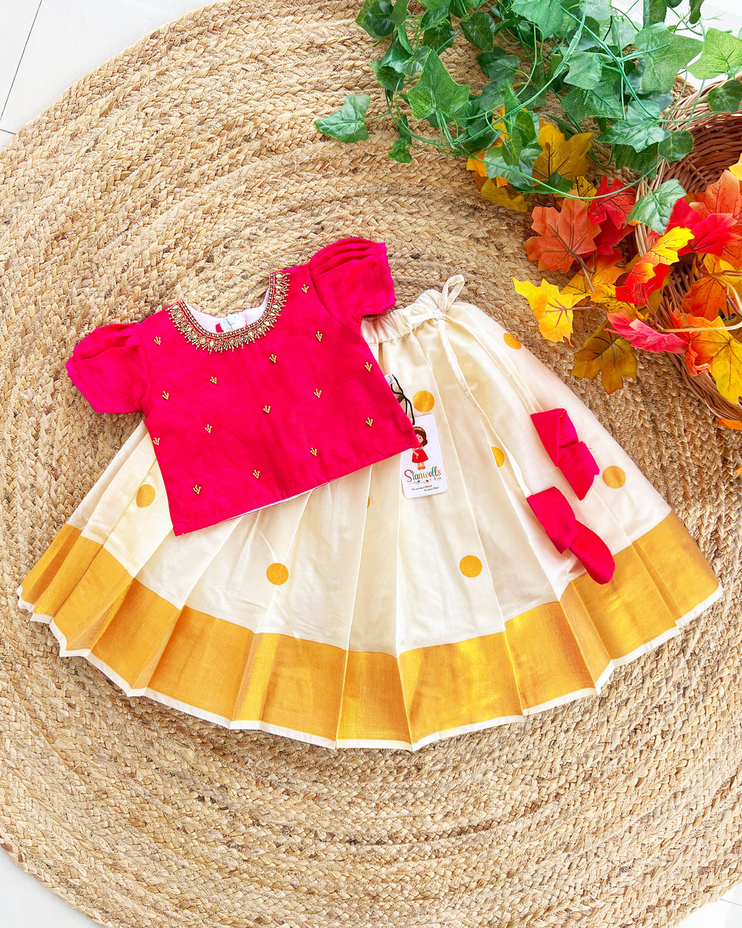 Cream pink Kerala Kasavu lehenga choli for baby girls birthday dress – festive ethnic wear

