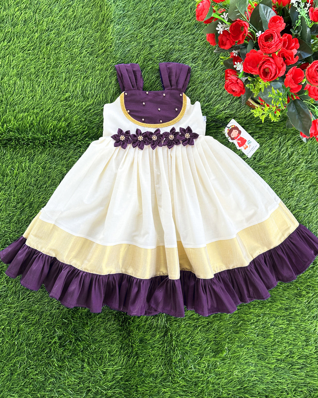 Cream purple Kerala kasavu baby girls birthday dress, handloom frock, traditional Kerala dress for kids, baby girl partywear frock