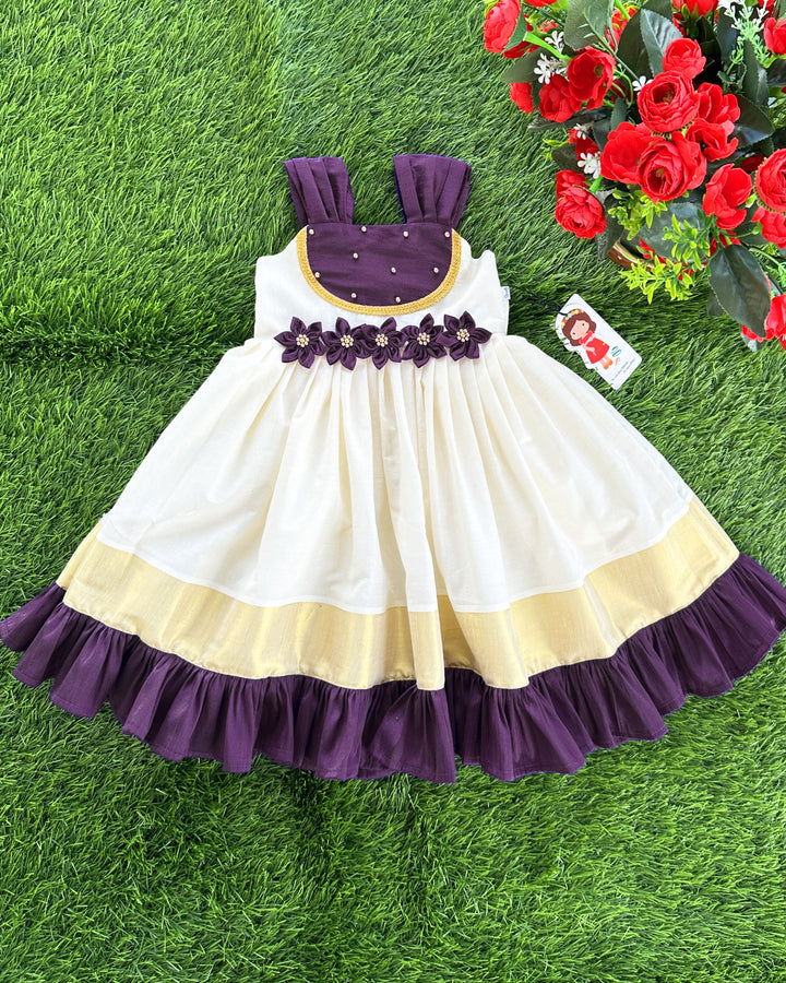 Cream purple Kerala kasavu baby girls birthday dress, handloom frock, traditional Kerala dress for kids, baby girl partywear frock