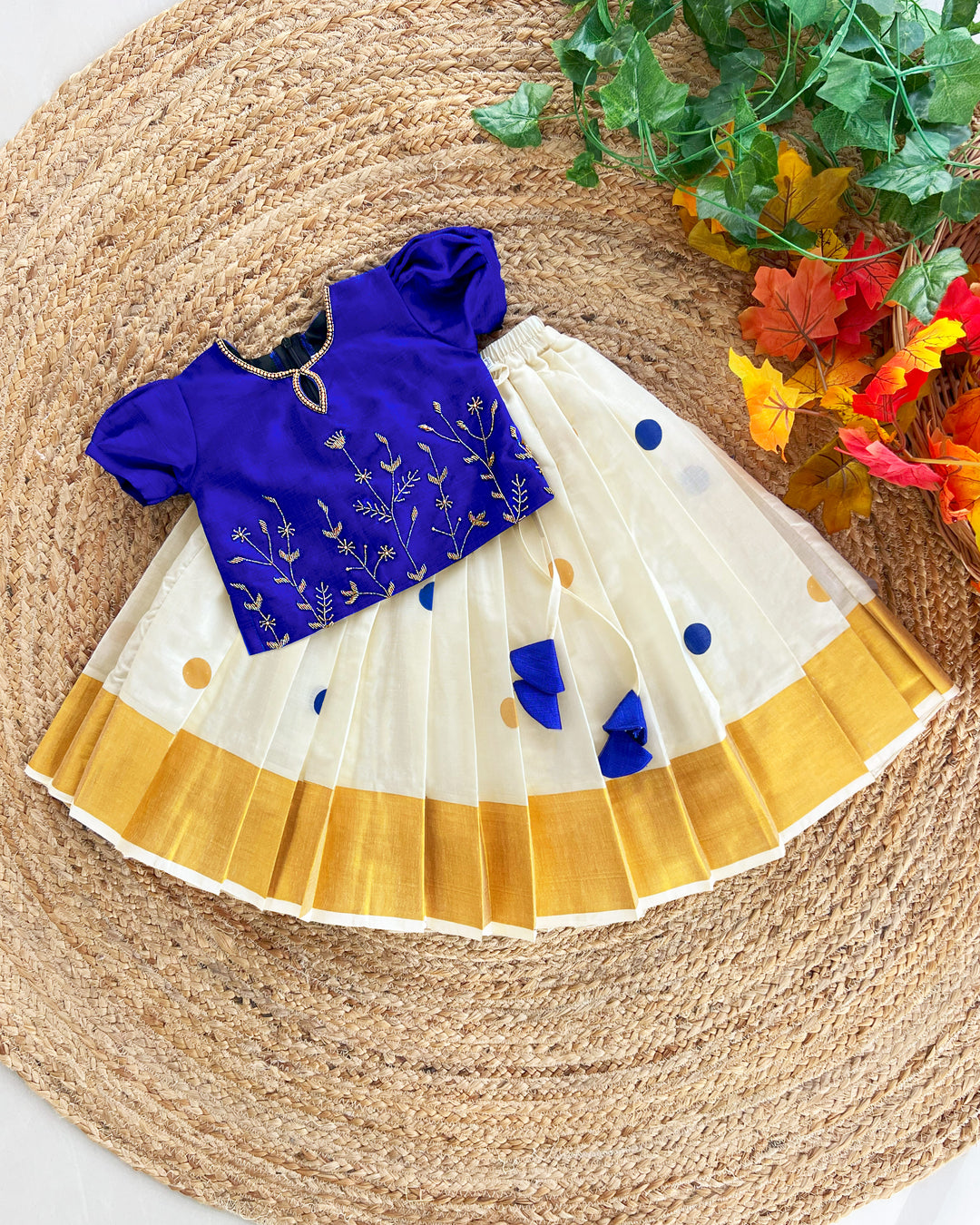 Cream and royal blue Kerala Kasavu lehenga choli – baby girls birthday dress with handwork