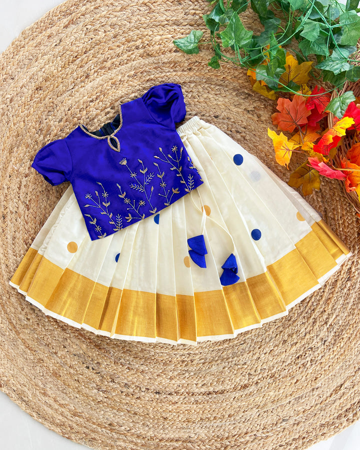 Cream and royal blue Kerala Kasavu lehenga choli – baby girls birthday dress with handwork