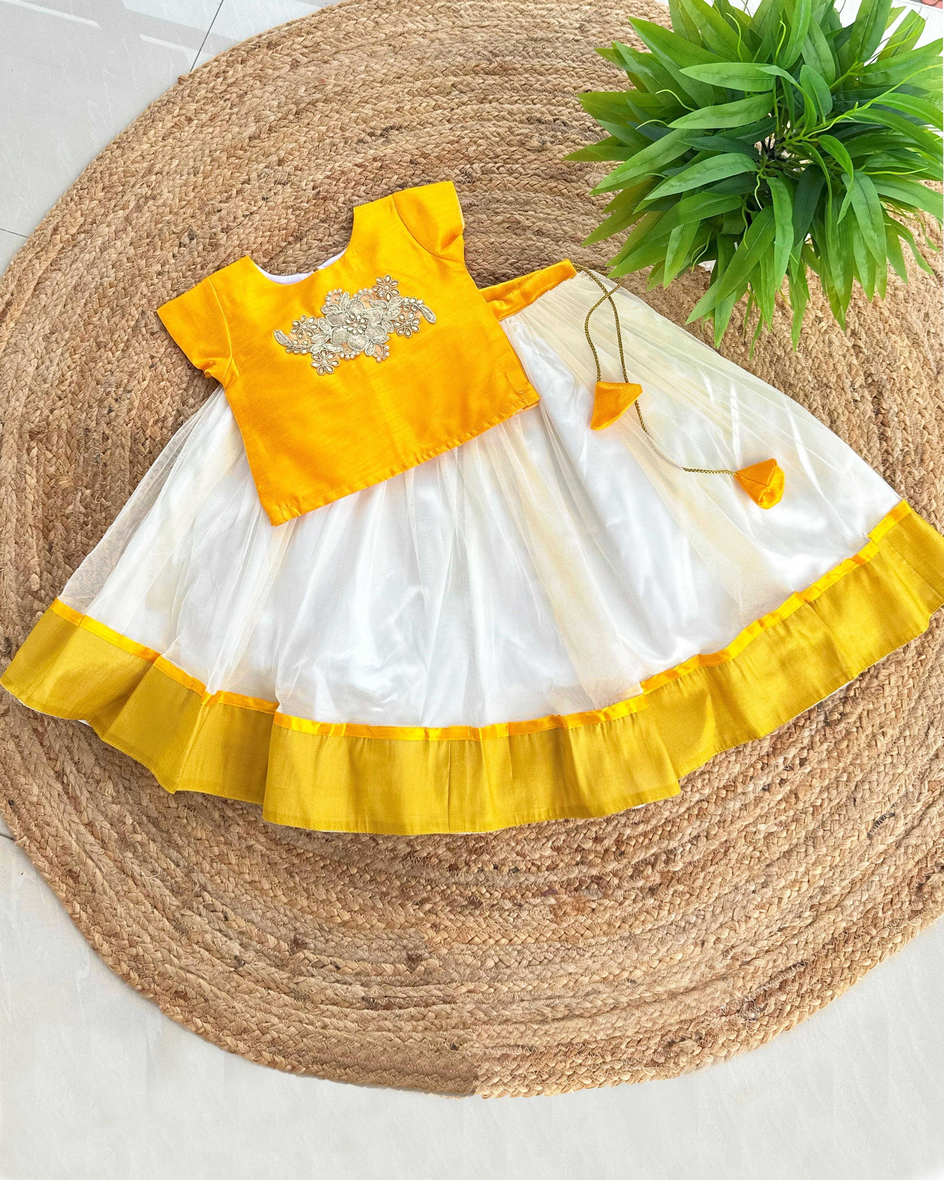 Cream and yellow Kerala combo dress for baby girls, traditional birthday frock, ethnic wear for kids, Kerala frock, Stanwells Kids ethnic collection