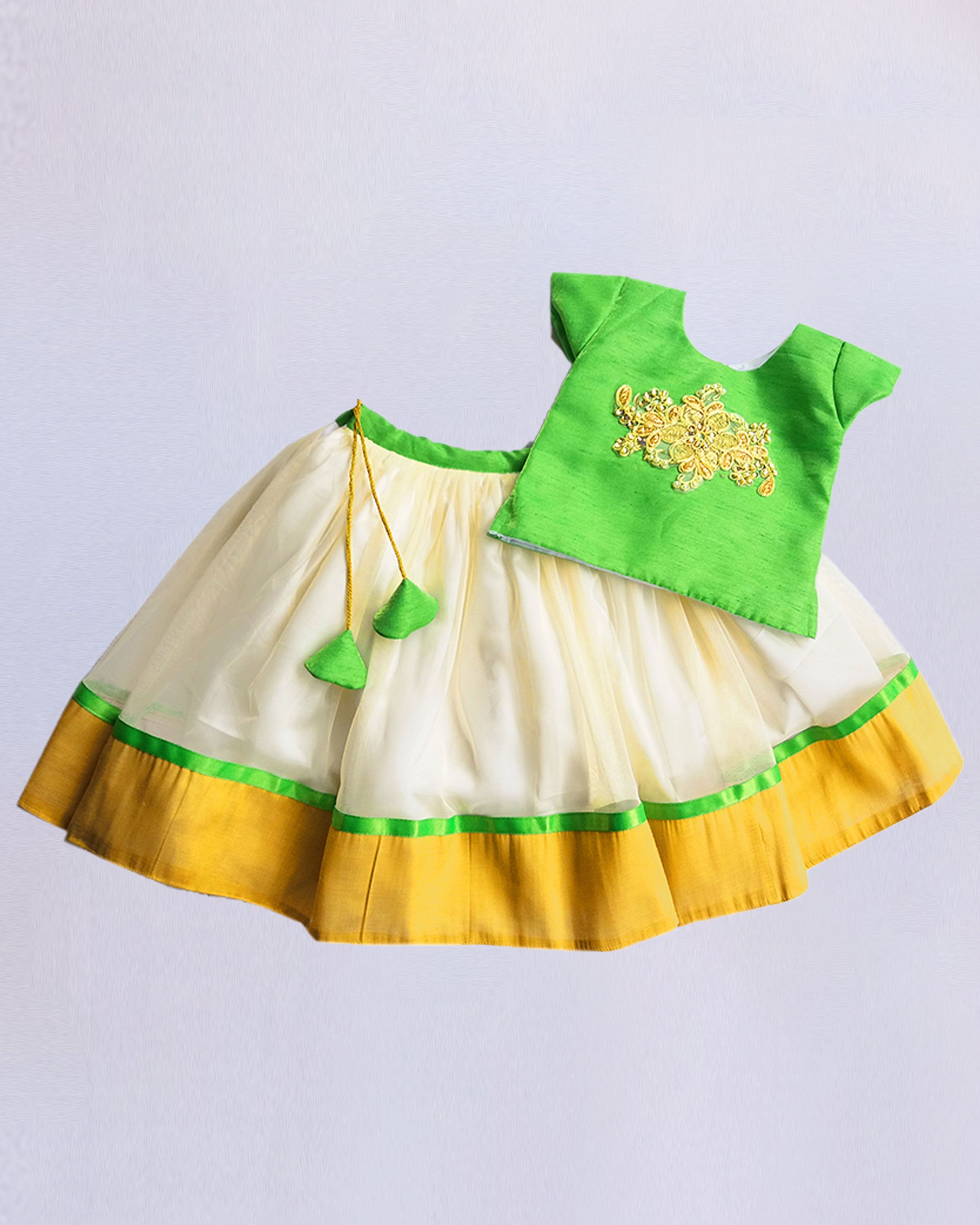 cream neon green  applique baby girls applique embroidery work lehenga choli stanwells kids