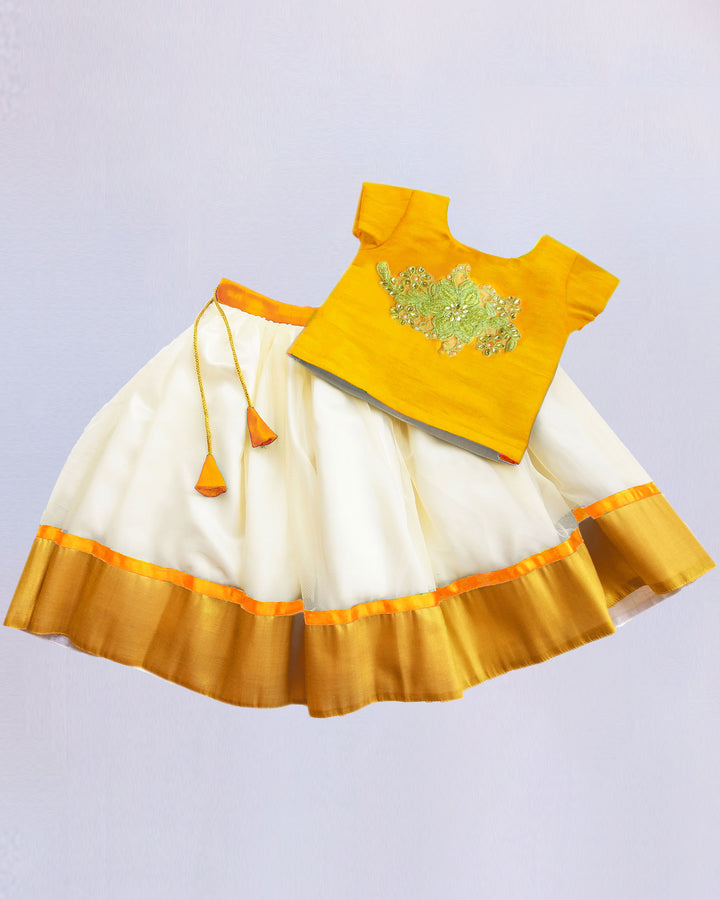 cream gold and yellow baby girls traditional onam lehenga choli for kids stanwells kids