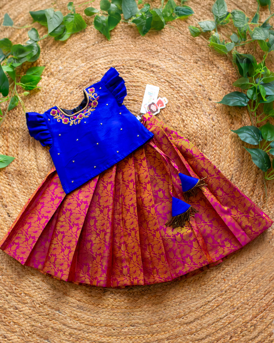 Dark magenta and royal blue jacquard silk lehenga choli birthday dress for baby girls, premium handwork traditional festive outfit
