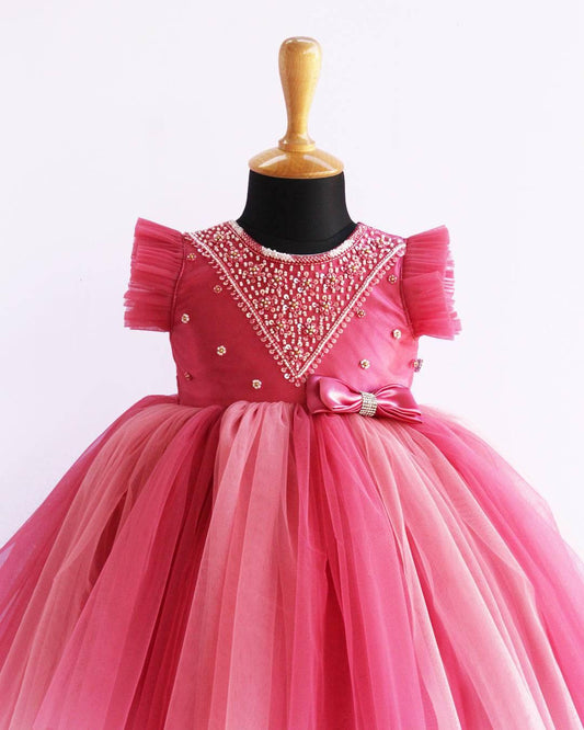 Blush pink beaded yoke birthday frock for baby girl – Stanwells Kids