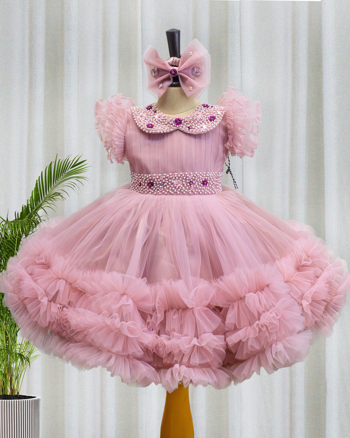 Dust pink handwork pleated peter pan collar frock full view – Stanwells Kids