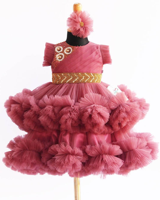 Blush pink heavy ruffled hand embroidery birthday frock for baby girl – Stanwells Kids