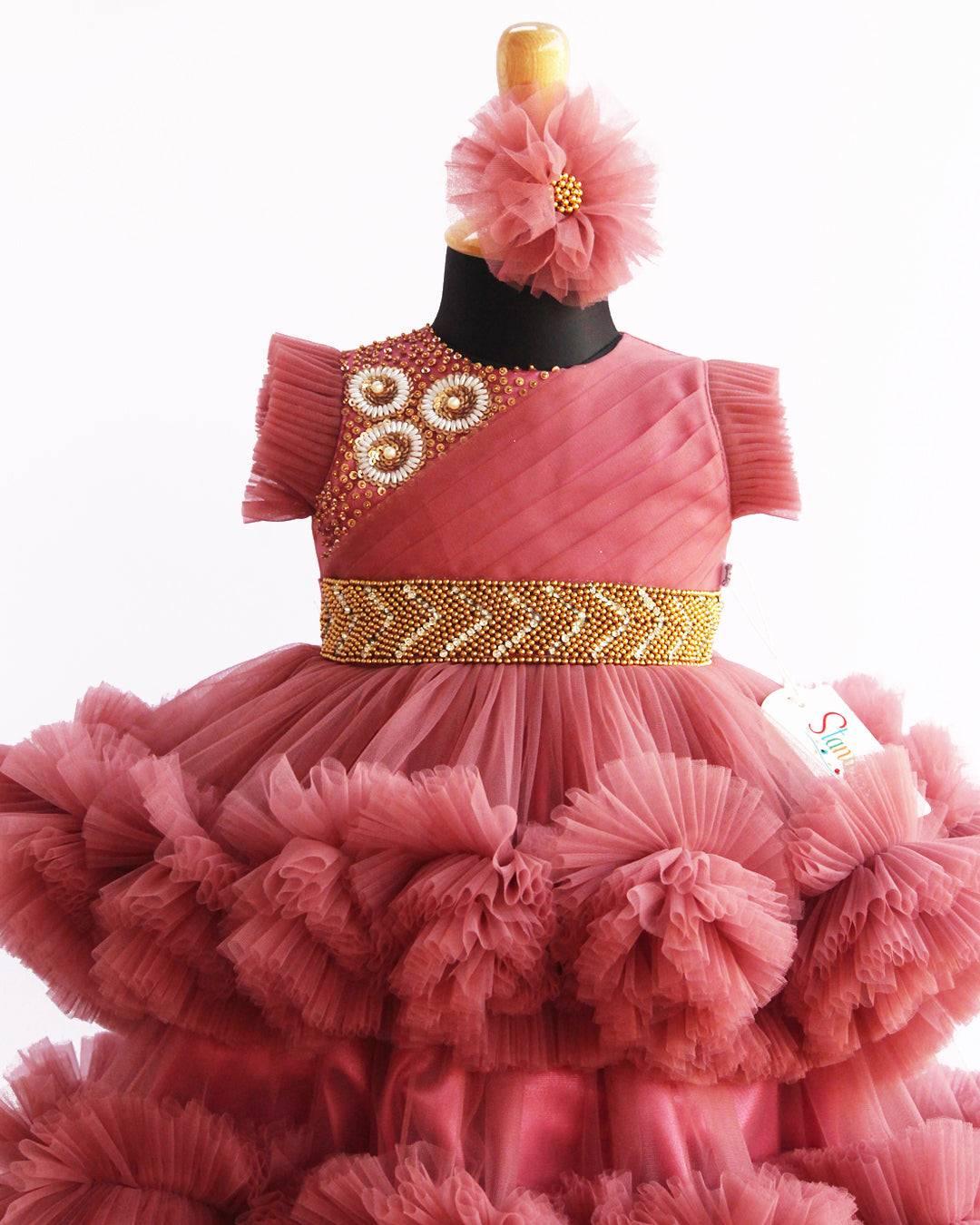 Blush Pink Layered Pleated Heavy Ruffled Hand Embroidery Birthday Froc
