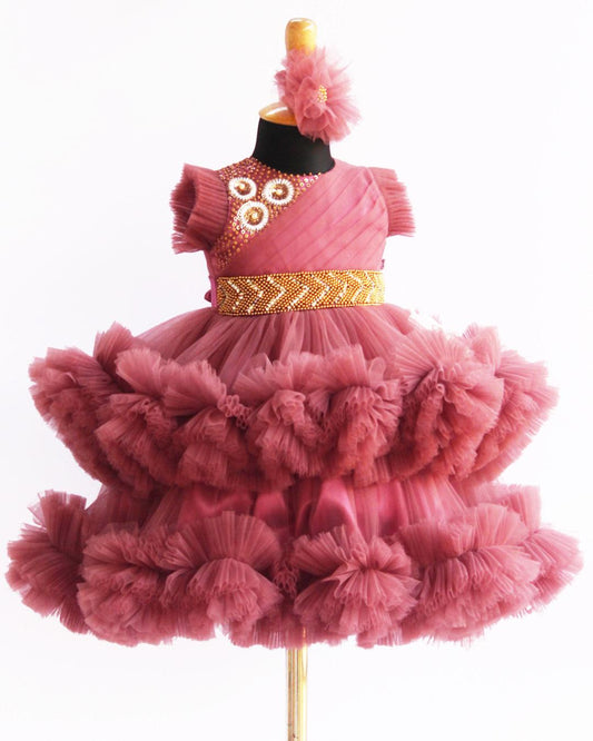 Blush Pink Layered Pleated Heavy Ruffled Hand Embroidery Birthday Froc