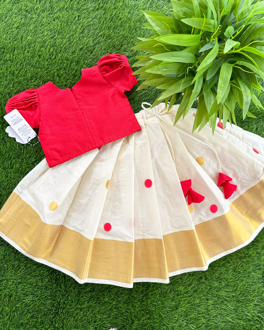Kerala Kasavu Red Combo Handwork Baby -Girls Printed Traditional Silk Lehenga Choli Set