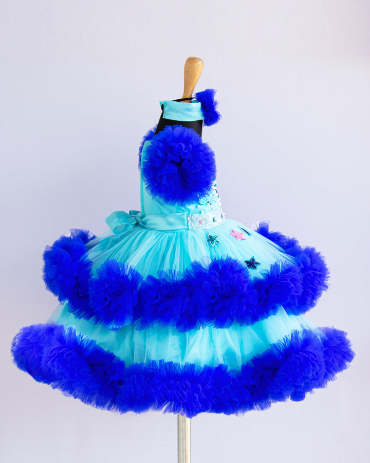 moon and star theme frock for baby girls stanwells kids birthday partywear frock blue shade light and dark shade frocks