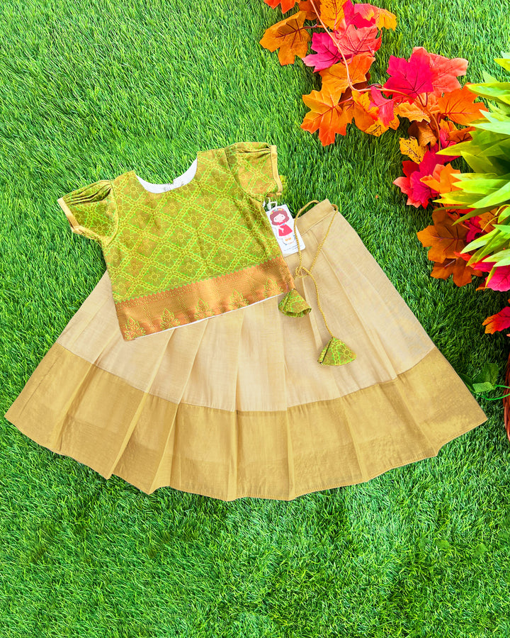 Golden pista green jacquard silk Kerala lehenga choli – baby girls birthday dress