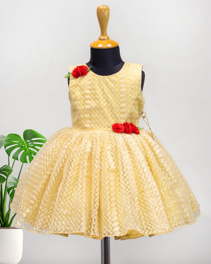 golden designer flower frock for baby girls, kids birthday dress, baby girl partywear dress, golden kids frock online, premium festive dress for toddlers
