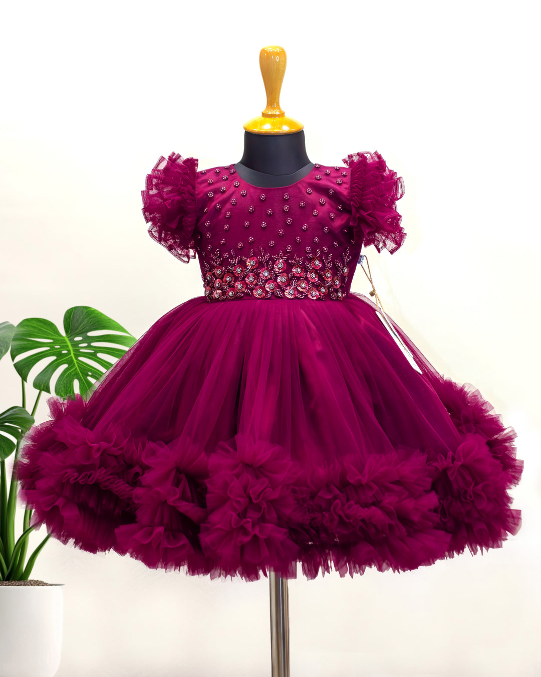 Grapevine Shade Baby Girls Birthday Dress, Heavy Handwork Party Wear Frock, Elegant Kids Outfit