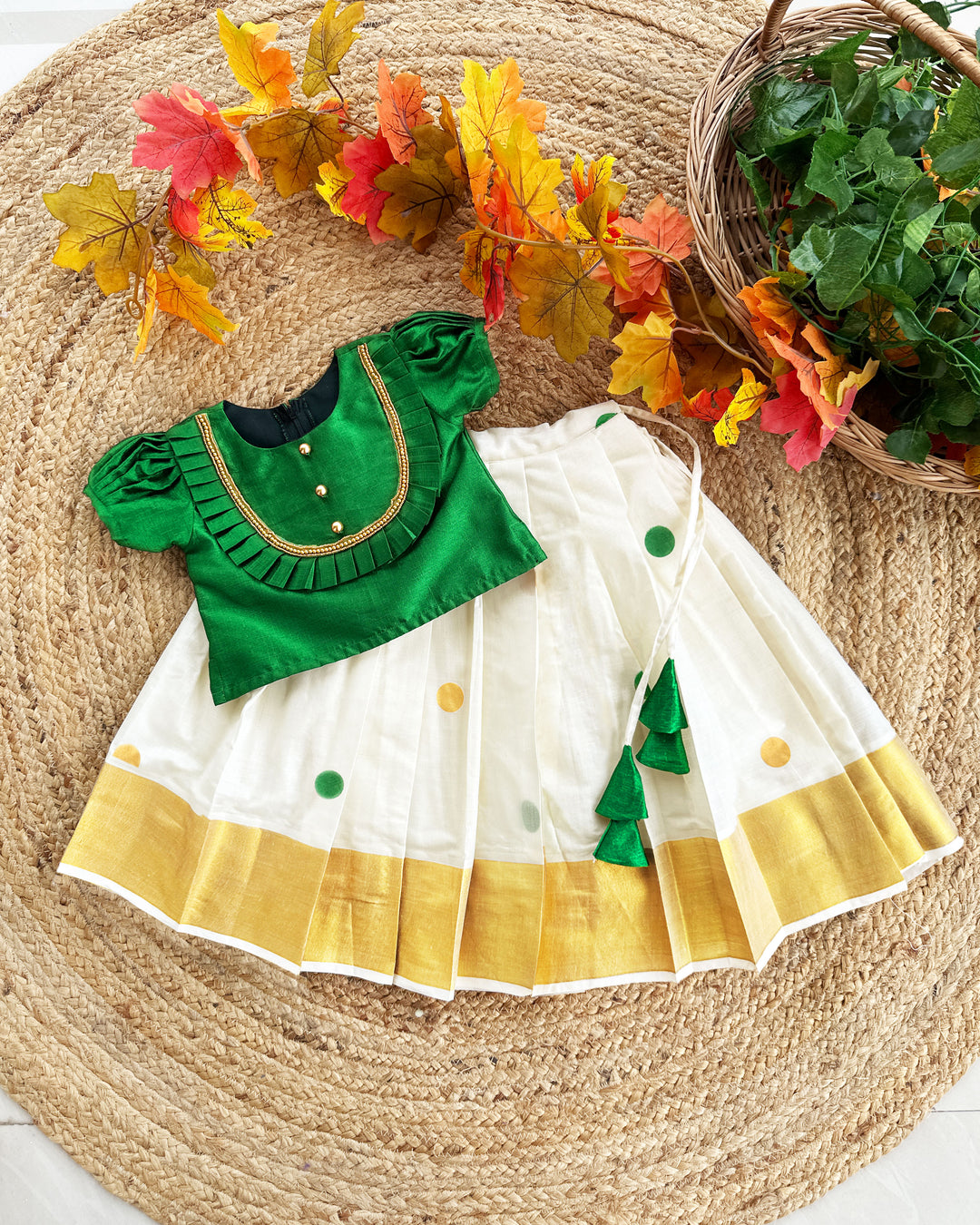 Green cream Kerala kasavu lehenga choli baby girl birthday dress Onam outfit traditional festive wear kids lehenga
