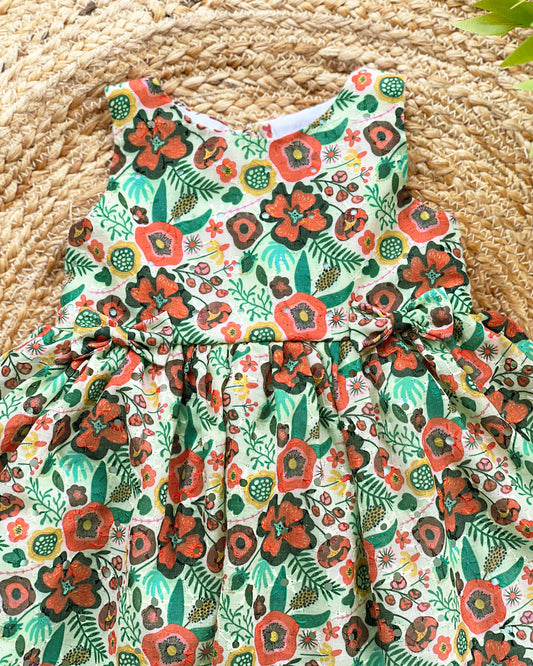 Green Floral Printed Hakoba Frock for Baby Girls – Casual & Summer Wear by Stanwells Kids