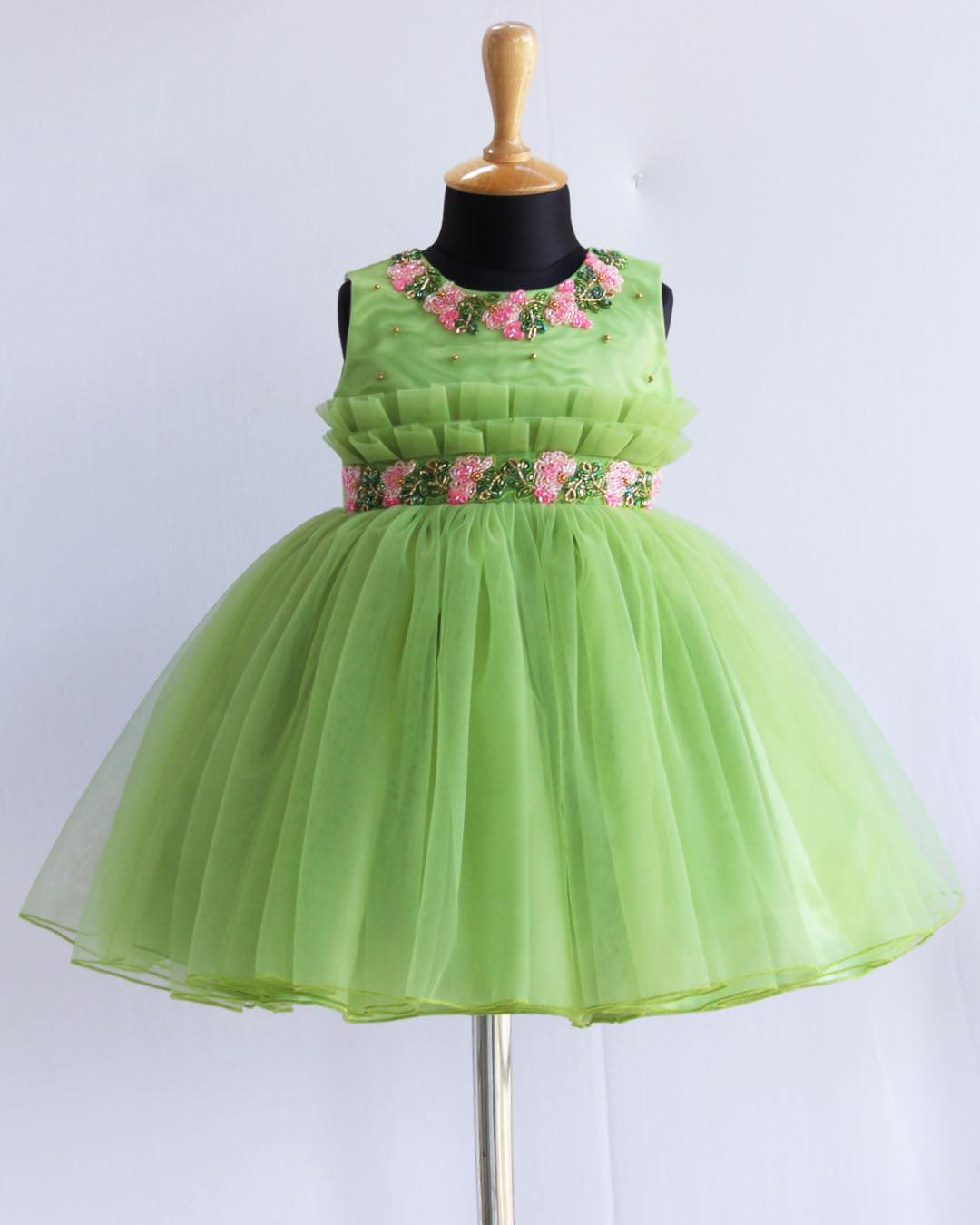 Pista Green Flower Handwork Pleated Partywear Frock