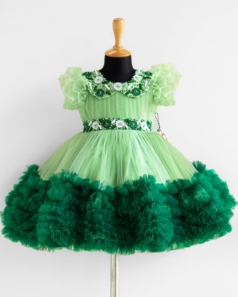 Pastel Green & Bottle Green Handwork Peter Collar Ruffles Frock for Baby Girl – Stanwells Kids