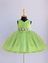 Pista Green Shade Pleated Handwork Baby-Girls Sleeveless Frock