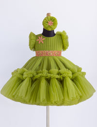 Pea Green Pleated Handwork Ruffles Birthday Frock for Baby Girl – Stanwells Kids