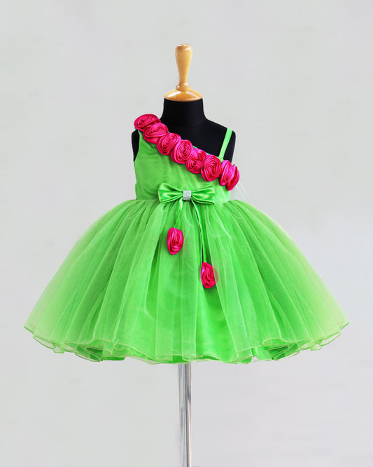 Parrot green strap sleeve flower frock front view baby girl – Stanwells Kids