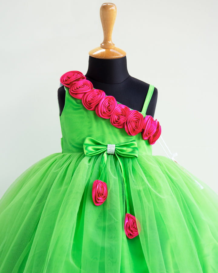 greenfrocks | girls partywear dreses | infants partywear dresses | dresses for kids online buy | stanwells kids | pink flower frock | strap sleeve frocks | birthday dresses | 1 year birthday | parrot green | neon green | 