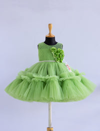 Pista Green Shade Pleated Ruffles Baby-Girls Partywear Flower Frock.