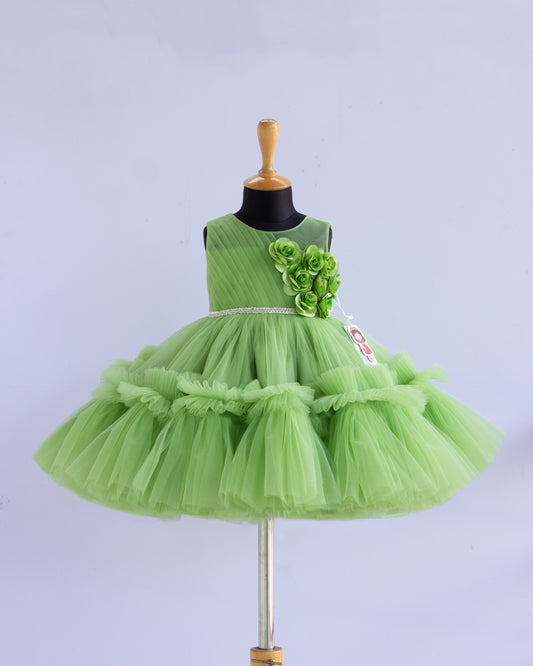 Pista green pleated ruffles flower frock front view baby girl – Stanwells Kids