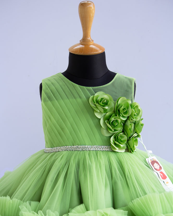 light green flower frock for baby girls, stanwells kids, partywear dresses online, birthday dresses for girls, liandli, nakshatra kids, janyas closet, handmade dresses for kids