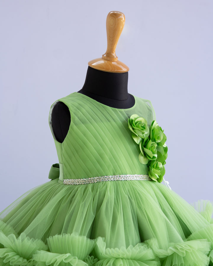 light green flower frock for baby girls, stanwells kids, partywear dresses online, birthday dresses for girls, liandli, nakshatra kids, janyas closet, handmade dresses for kids