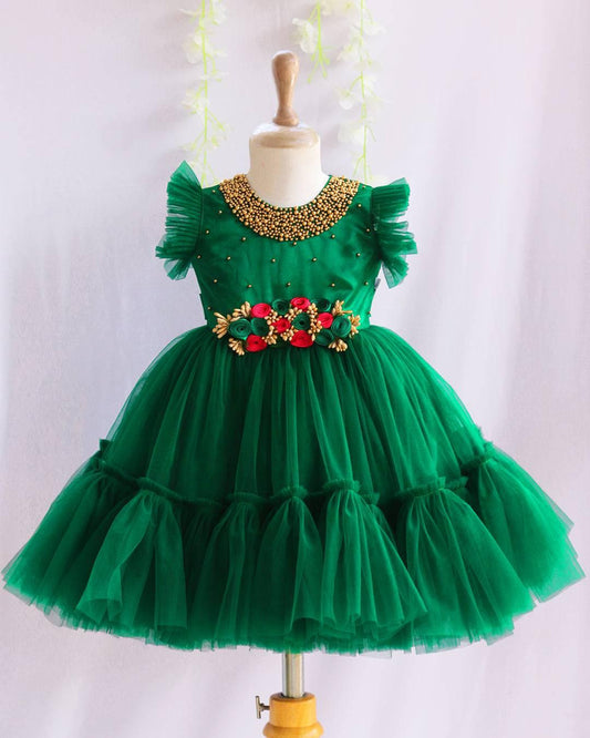Bottle green handwork flower flared birthday frock for baby girl – Stanwells Kids
