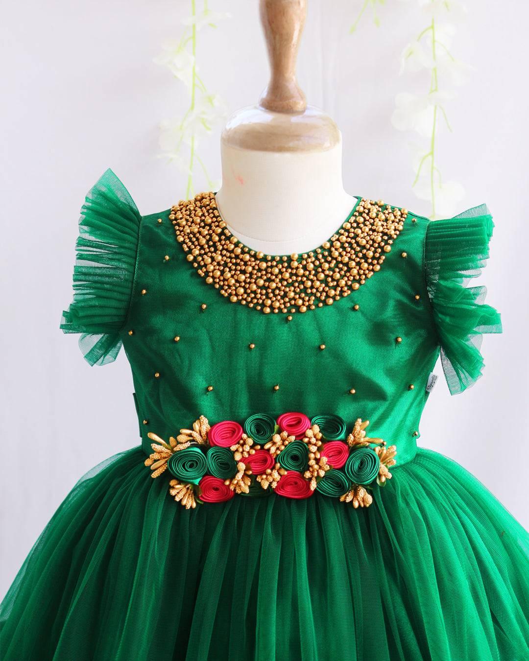 Bottle Green Flower Frock for Baby Girls | Stanwells Kids Bottle Green Flower Frock for Baby Girls | Stanwells Kids