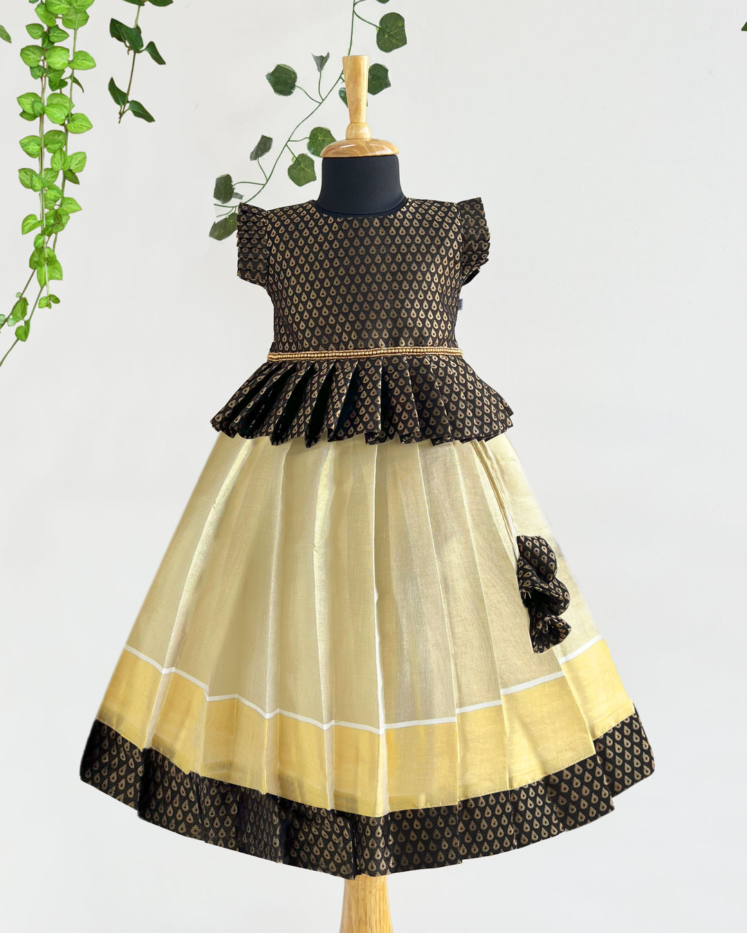 Kerala Kasavu black brocade baby girls birthday dress traditional lehenga set