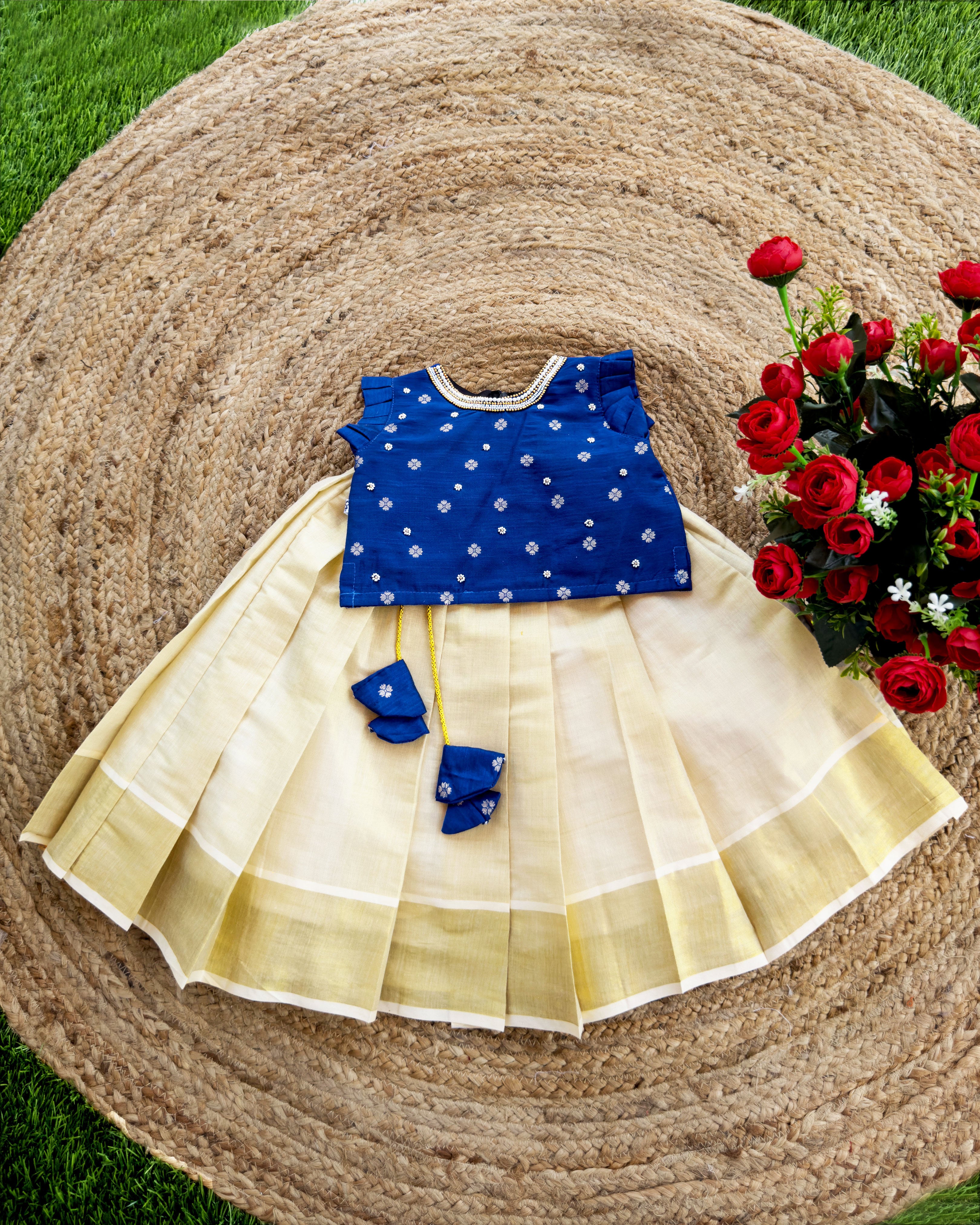 kerala lehenga navu blue colour traditional kids lehenga onam vishu dress 1